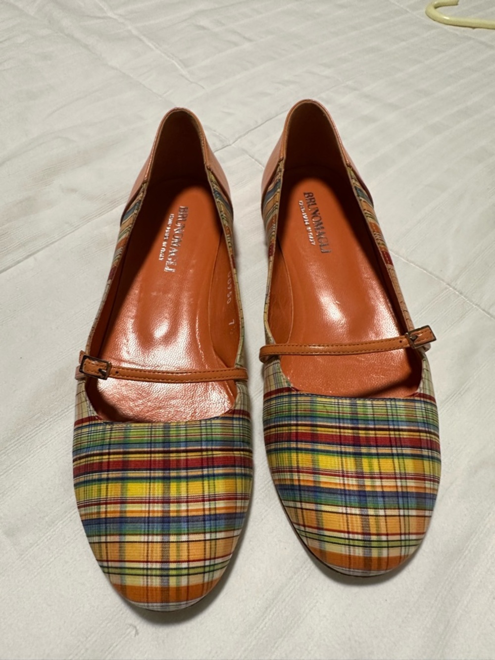 Bruno Magli Plaid Mary Jane Flats in Orange, Yellow, Blue, Red & Green